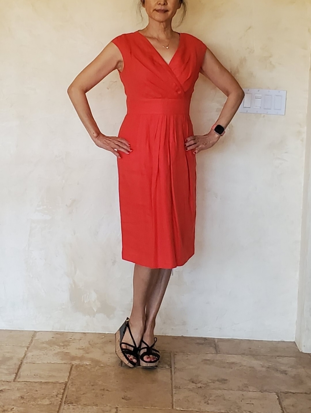 Lafayette 148 New York Coral-Red Cap Sleeve Midi Dress